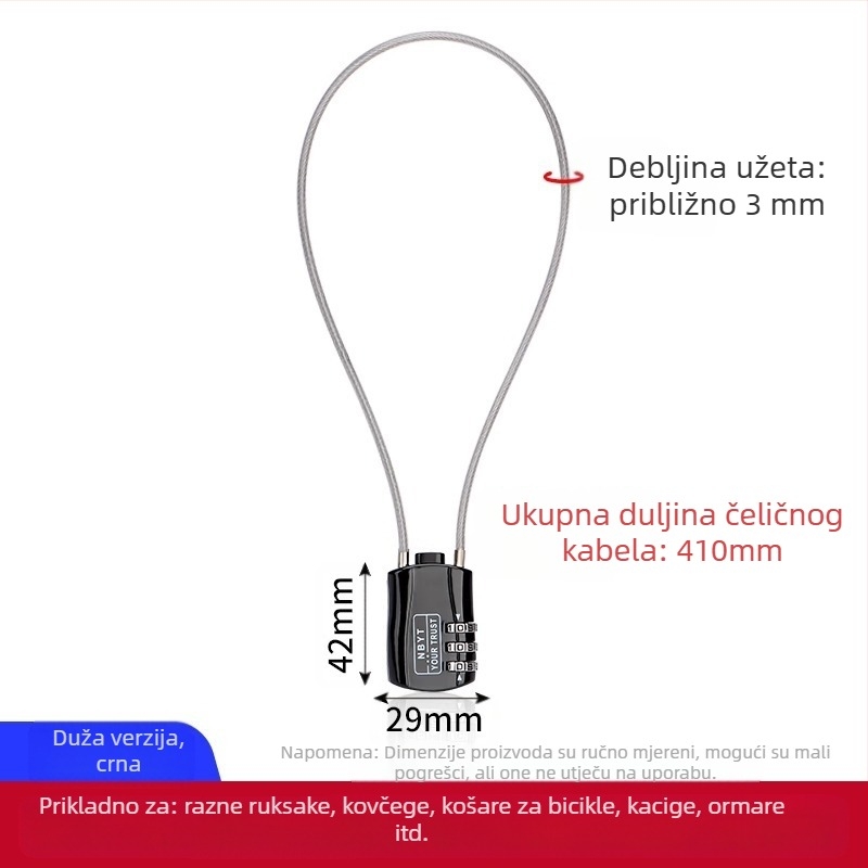 Katanac s čeličnim užetom – s kodom, metalni, vodootporni, otporni na hrđu