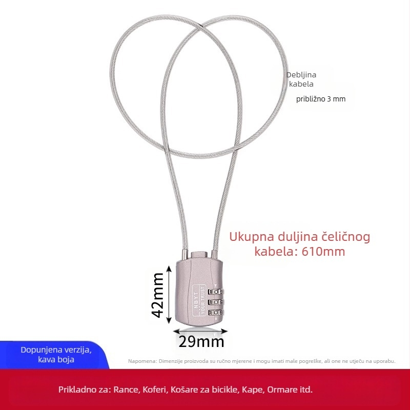 Katanac s čeličnim užetom – s kodom, metalni, vodootporni, otporni na hrđu