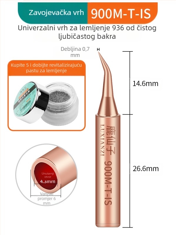 Vrh za lemilicu od čistog bakra, unutarnje grijanje, konstantna temperatura, oštar vrh, vrh u obliku kopita