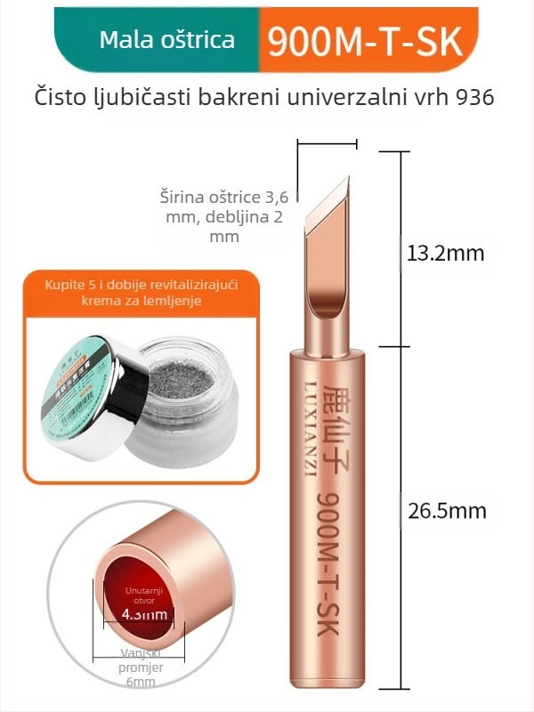 Vrh za lemilicu od čistog bakra, unutarnje grijanje, konstantna temperatura, oštar vrh, vrh u obliku kopita