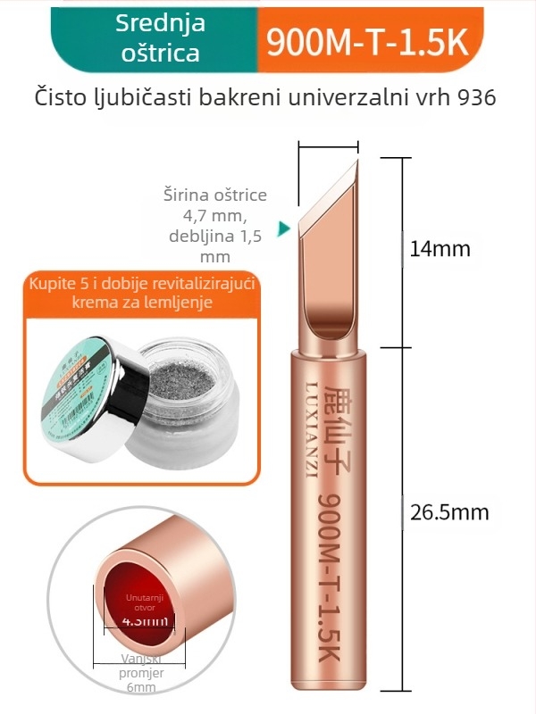 Vrh za lemilicu od čistog bakra, unutarnje grijanje, konstantna temperatura, oštar vrh, vrh u obliku kopita