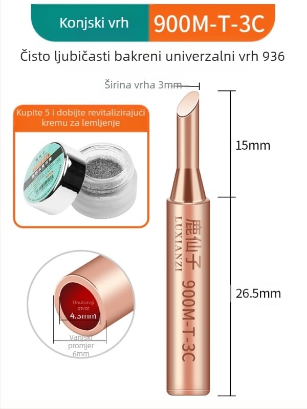 Vrh za lemilicu od čistog bakra, unutarnje grijanje, konstantna temperatura, oštar vrh, vrh u obliku kopita