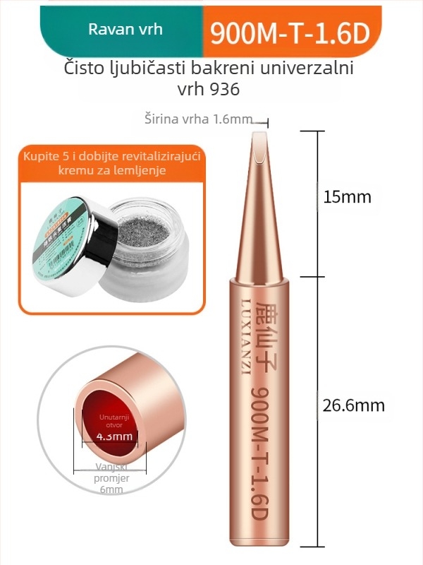 Vrh za lemilicu od čistog bakra, unutarnje grijanje, konstantna temperatura, oštar vrh, vrh u obliku kopita