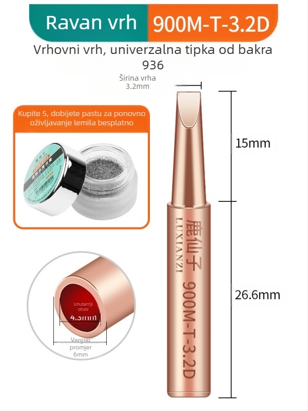 Vrh za lemilicu od čistog bakra, unutarnje grijanje, konstantna temperatura, oštar vrh, vrh u obliku kopita