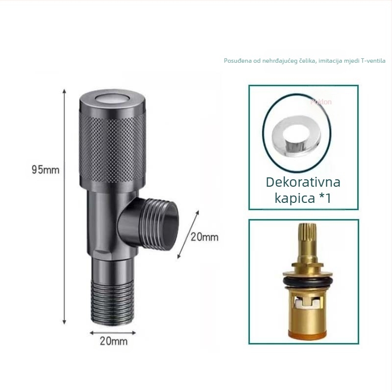 304 nehrđajući čelik trostruki kutni ventil, zidni, za WC, bojler i slavinu, radni tlak 0.8 MPa