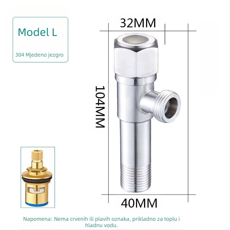 304 nehrđajući čelik trostruki kutni ventil, zidni, za WC, bojler i slavinu, radni tlak 0.8 MPa
