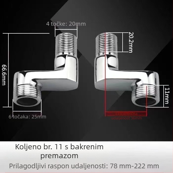 Bakreni univerzalni kutni tuš ventil – pribor za ugradnju, ugrađen u zid, produžen, prilagodljiv kut