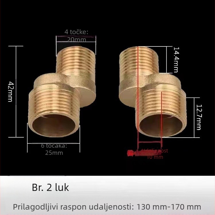 Bakreni univerzalni kutni tuš ventil – pribor za ugradnju, ugrađen u zid, produžen, prilagodljiv kut