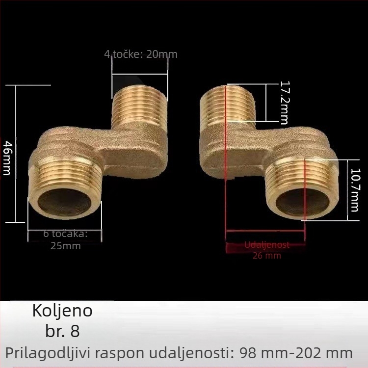Bakreni univerzalni kutni tuš ventil – pribor za ugradnju, ugrađen u zid, produžen, prilagodljiv kut