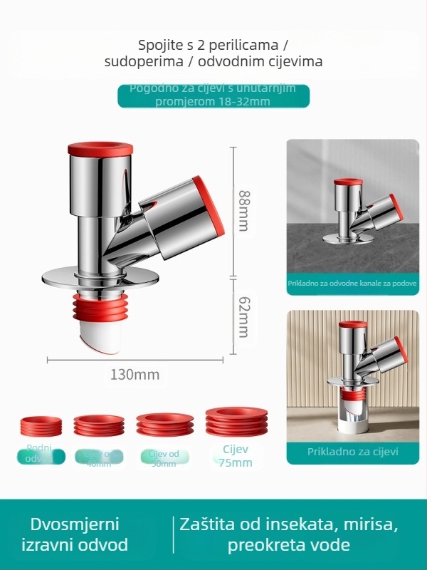 Troje odvodni T spoj perilice rublja — ABS + silikon, elektroplatirani završetak, univerzalni priključak, prot mirisa