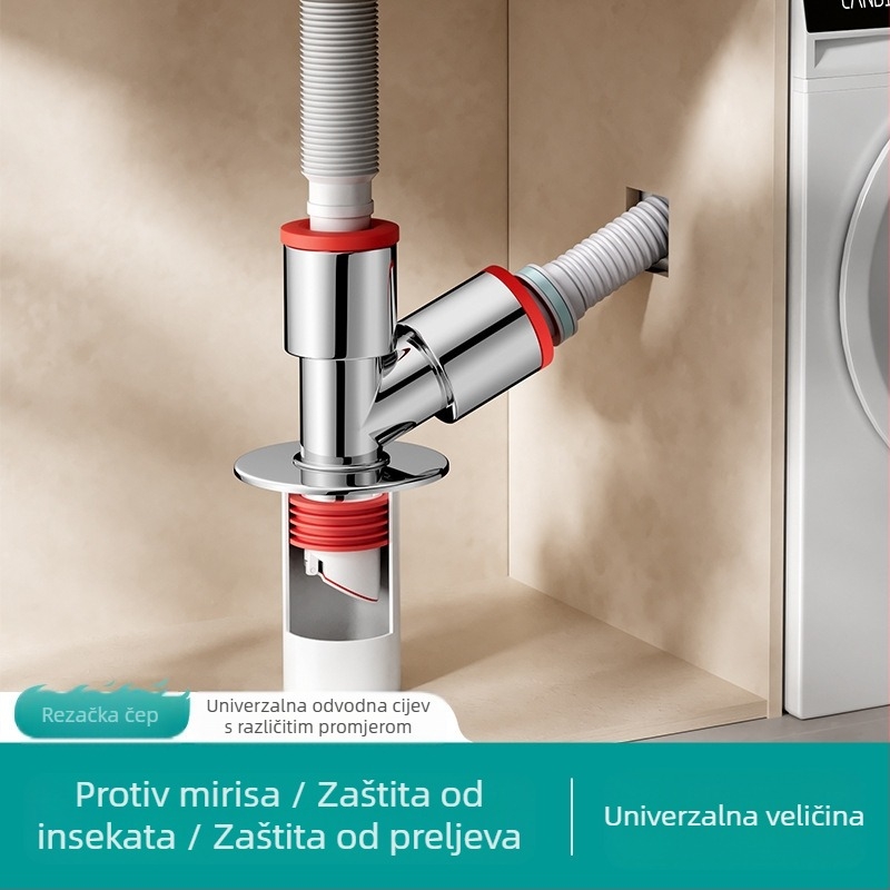 Troje odvodni T spoj perilice rublja — ABS + silikon, elektroplatirani završetak, univerzalni priključak, prot mirisa