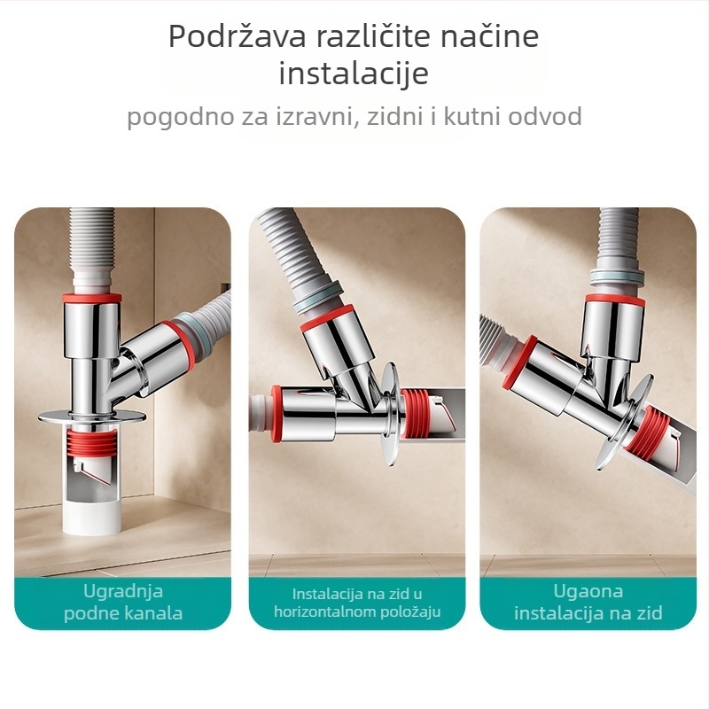 Troje odvodni T spoj perilice rublja — ABS + silikon, elektroplatirani završetak, univerzalni priključak, prot mirisa