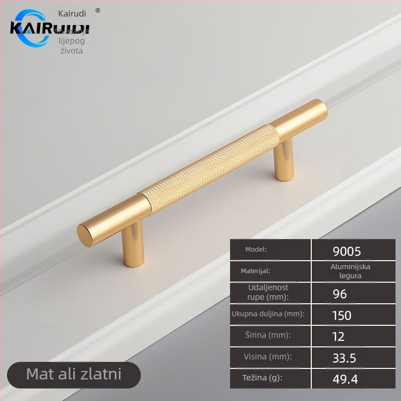 Drška za vrata garderobe i ormarića, aluminijska legura, završna obrada elektroplating, model 9005, brend Kairuiti, stil moderni minimalistički, lagani luksuz