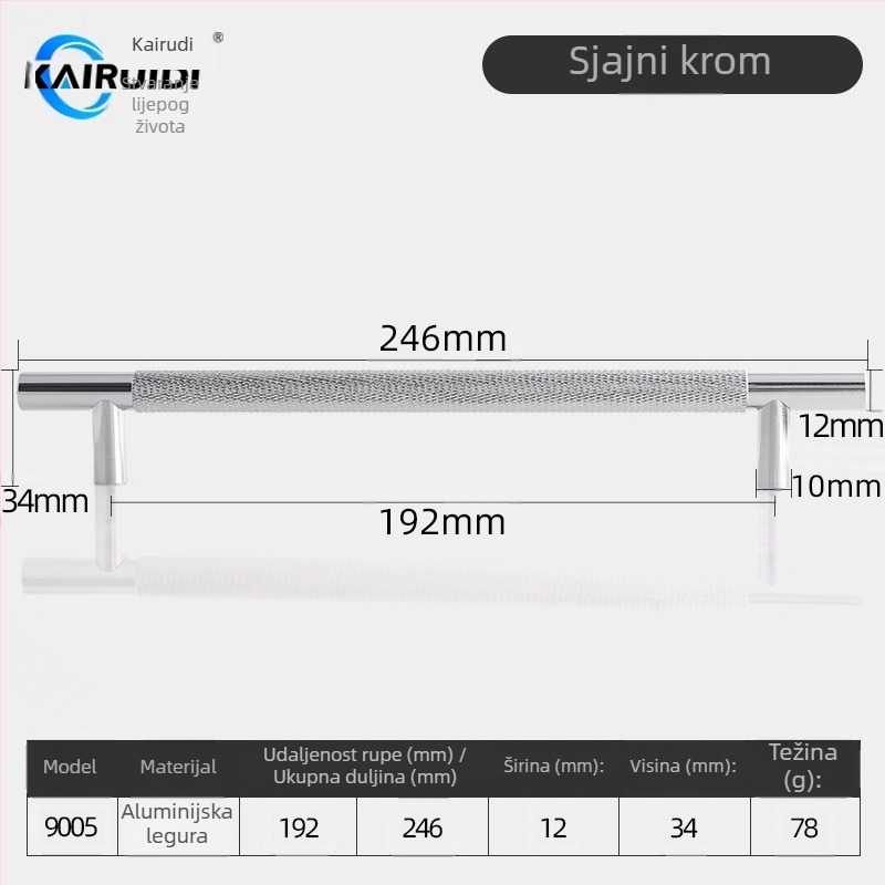 Drška za vrata garderobe i ormarića, aluminijska legura, završna obrada elektroplating, model 9005, brend Kairuiti, stil moderni minimalistički, lagani luksuz