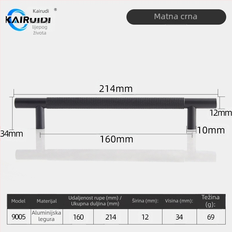 Drška za vrata garderobe i ormarića, aluminijska legura, završna obrada elektroplating, model 9005, brend Kairuiti, stil moderni minimalistički, lagani luksuz