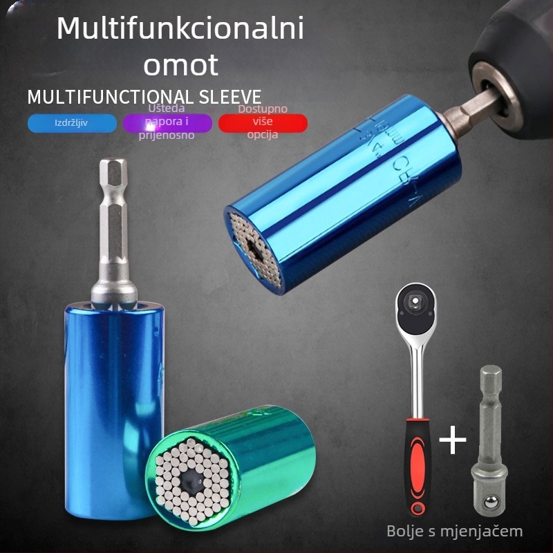 Višenamjenski torenski ključ s brzim ručnim mehanizmom, dvostrukom glavom i prilagodljivim nastavcima (metrički format, alatna čelik, kromirani premaz)