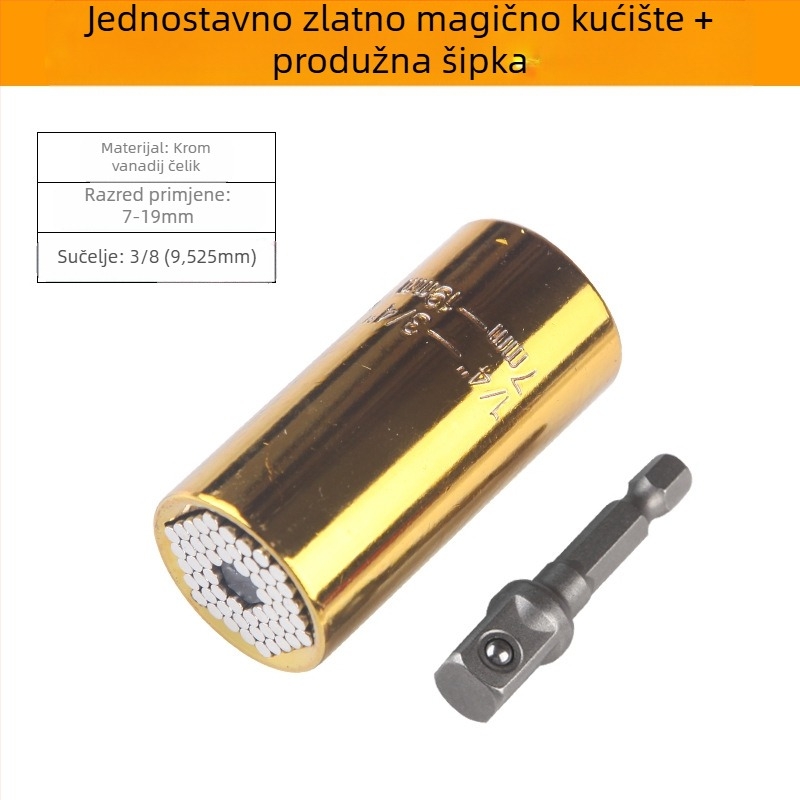 Višenamjenski torenski ključ s brzim ručnim mehanizmom, dvostrukom glavom i prilagodljivim nastavcima (metrički format, alatna čelik, kromirani premaz)