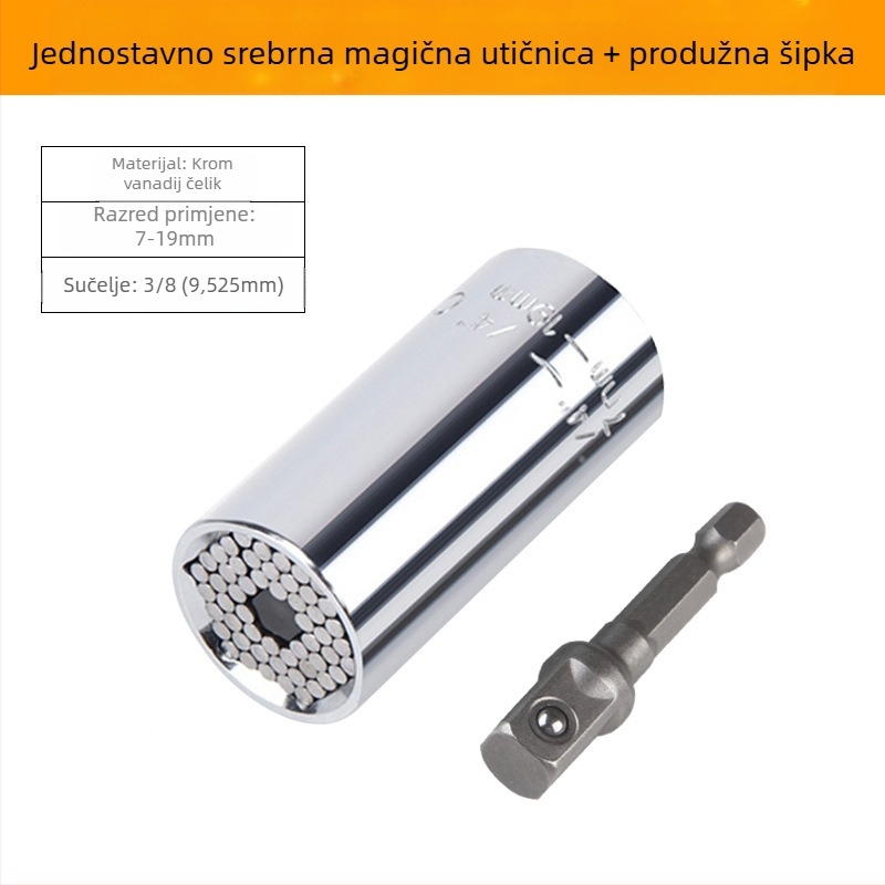 Višenamjenski torenski ključ s brzim ručnim mehanizmom, dvostrukom glavom i prilagodljivim nastavcima (metrički format, alatna čelik, kromirani premaz)