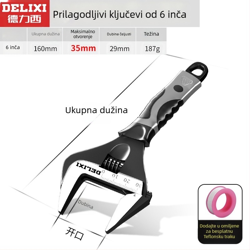 Prilagodljivi ključ s velikim otvorom, višenamjenski ručni alat, krom-vanadijeva čelika