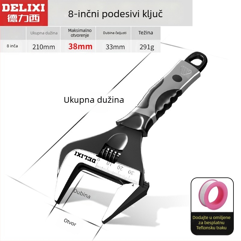 Prilagodljivi ključ s velikim otvorom, višenamjenski ručni alat, krom-vanadijeva čelika