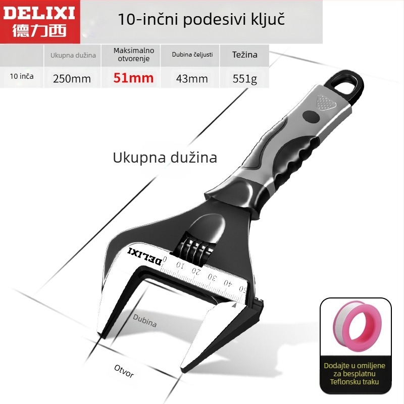 Prilagodljivi ključ s velikim otvorom, višenamjenski ručni alat, krom-vanadijeva čelika