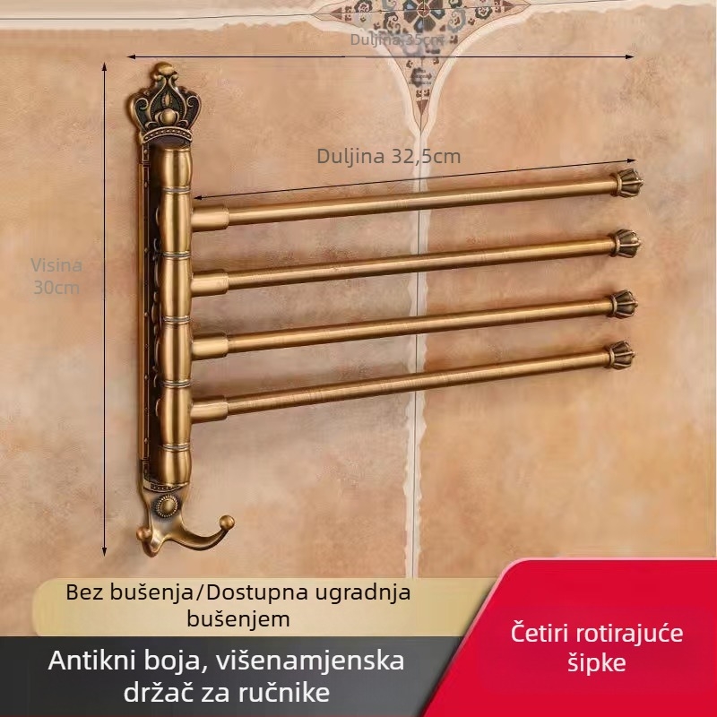Antikni držač za ručnike s bezbušnim ugradnjom, europski stil kupaonice, držač za čašu za četkice, rotirajući sklopivi držač za ručnike; aluminijska legura; nosivost 20 kg; višeslojna konstrukcija; moderni minimalistički stil.