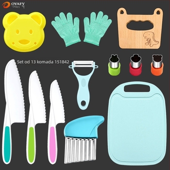 Dječji plastični set noževa za voće i povrće s valovitim oštricam, guljač i kalup za kekse — PP+TPR, duljina oštrice 16.5 cm, ukupna duljina 27.5 cm, injekcijsko oblikovanje