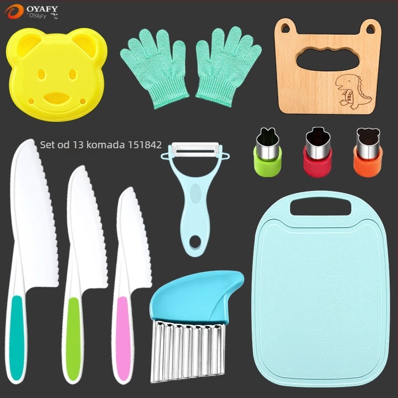 Dječji plastični set noževa za voće i povrće s valovitim oštricam, guljač i kalup za kekse — PP+TPR, duljina oštrice 16.5 cm, ukupna duljina 27.5 cm, injekcijsko oblikovanje