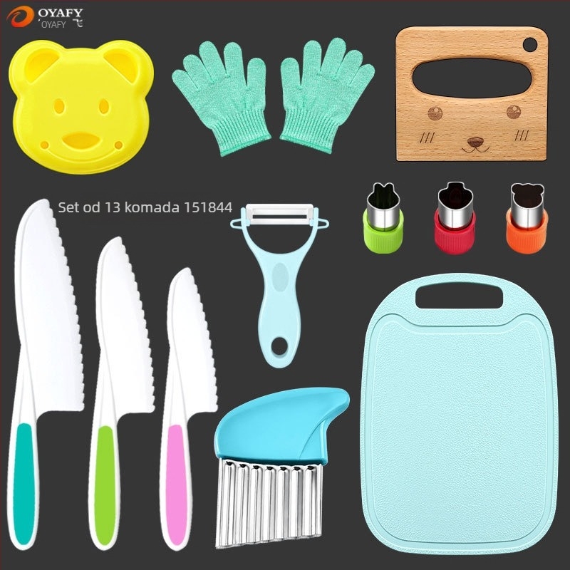 Dječji plastični set noževa za voće i povrće s valovitim oštricam, guljač i kalup za kekse — PP+TPR, duljina oštrice 16.5 cm, ukupna duljina 27.5 cm, injekcijsko oblikovanje