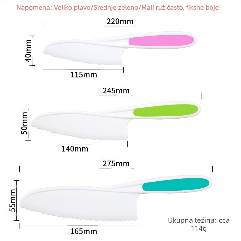 Dječji plastični set noževa za voće i povrće s valovitim oštricam, guljač i kalup za kekse — PP+TPR, duljina oštrice 16.5 cm, ukupna duljina 27.5 cm, injekcijsko oblikovanje