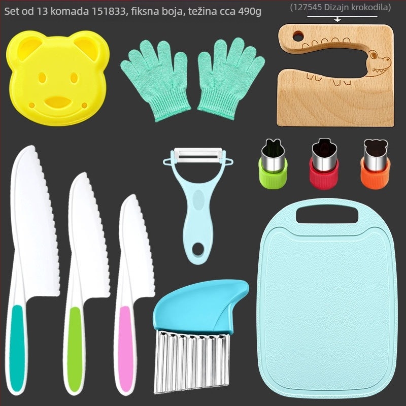 Dječji plastični set noževa za voće i povrće s valovitim oštricam, guljač i kalup za kekse — PP+TPR, duljina oštrice 16.5 cm, ukupna duljina 27.5 cm, injekcijsko oblikovanje
