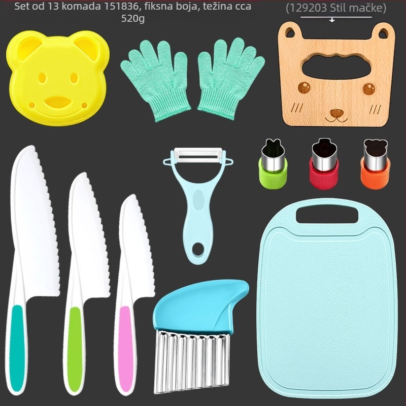 Dječji plastični set noževa za voće i povrće s valovitim oštricam, guljač i kalup za kekse — PP+TPR, duljina oštrice 16.5 cm, ukupna duljina 27.5 cm, injekcijsko oblikovanje
