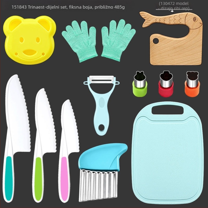 Dječji plastični set noževa za voće i povrće s valovitim oštricam, guljač i kalup za kekse — PP+TPR, duljina oštrice 16.5 cm, ukupna duljina 27.5 cm, injekcijsko oblikovanje
