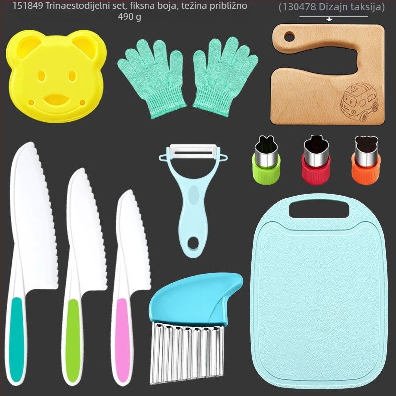 Dječji plastični set noževa za voće i povrće s valovitim oštricam, guljač i kalup za kekse — PP+TPR, duljina oštrice 16.5 cm, ukupna duljina 27.5 cm, injekcijsko oblikovanje