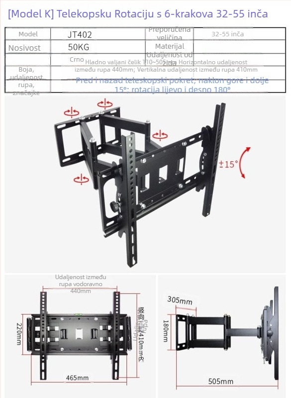 Univerzalni zidni nosač za LCD monitor/TV, rotirajući, izvučni, podesivi, model W100, Creation Vision