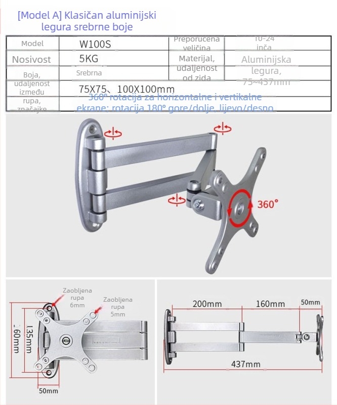 Univerzalni zidni nosač za LCD monitor/TV, rotirajući, izvučni, podesivi, model W100, Creation Vision
