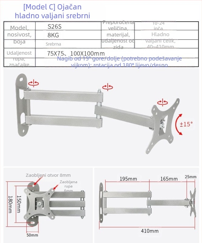 Univerzalni zidni nosač za LCD monitor/TV, rotirajući, izvučni, podesivi, model W100, Creation Vision
