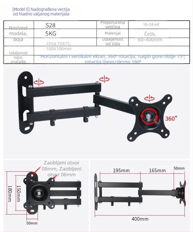 Univerzalni zidni nosač za LCD monitor/TV, rotirajući, izvučni, podesivi, model W100, Creation Vision