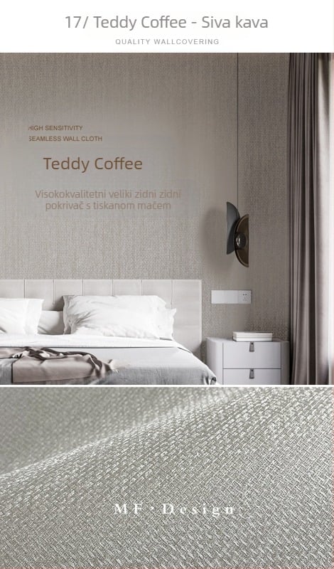 Svilena zidna obloga s doby teksturom, bez šavova, s mikro zlatnim nitima; za dnevni boravak i spavaću sobu