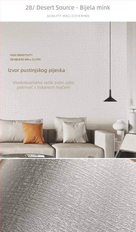 Svilena zidna obloga s doby teksturom, bez šavova, s mikro zlatnim nitima; za dnevni boravak i spavaću sobu