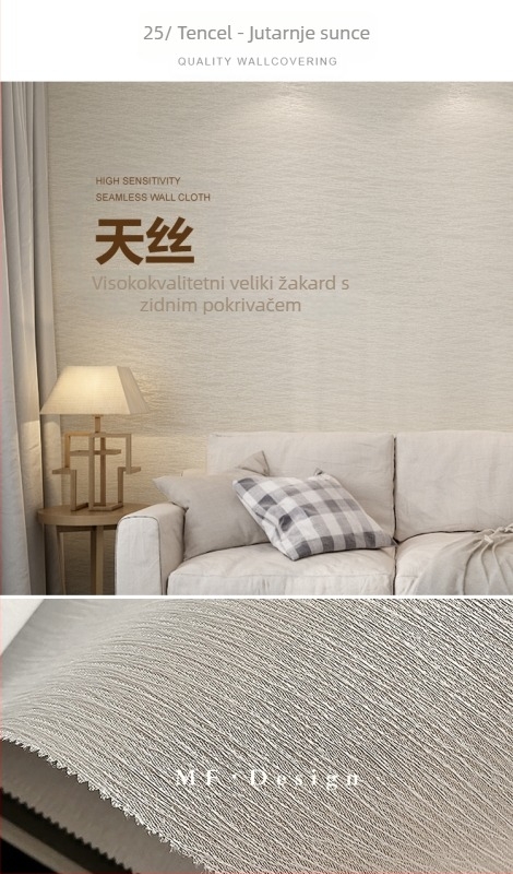 Svilena zidna obloga s doby teksturom, bez šavova, s mikro zlatnim nitima; za dnevni boravak i spavaću sobu