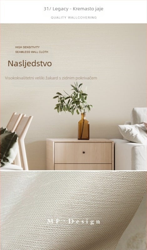 Svilena zidna obloga s doby teksturom, bez šavova, s mikro zlatnim nitima; za dnevni boravak i spavaću sobu