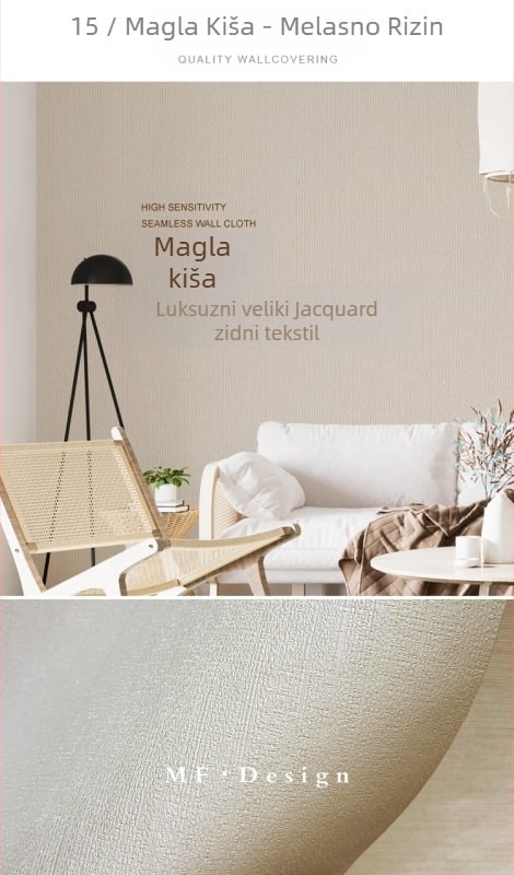 Svilena zidna obloga s doby teksturom, bez šavova, s mikro zlatnim nitima; za dnevni boravak i spavaću sobu