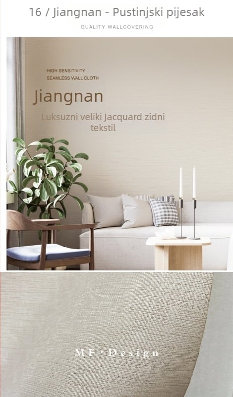 Svilena zidna obloga s doby teksturom, bez šavova, s mikro zlatnim nitima; za dnevni boravak i spavaću sobu