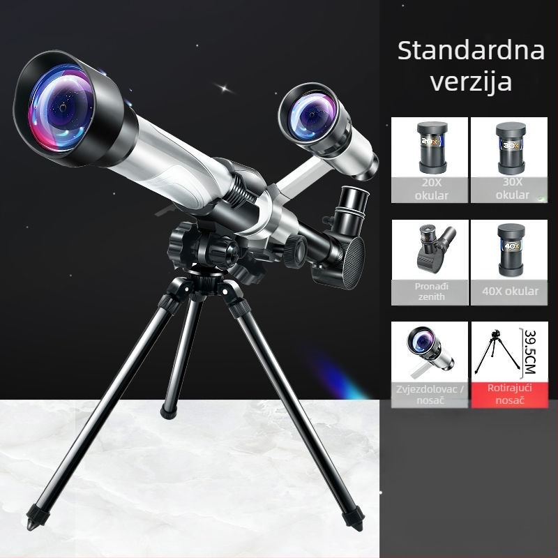 Dječji početnički astronomijski teleskop visoke jasnosti s edukativnim kompletom za promatranje zvijezda, za uzrast 7–14 godina, višefunkcionalan, bez napajanja