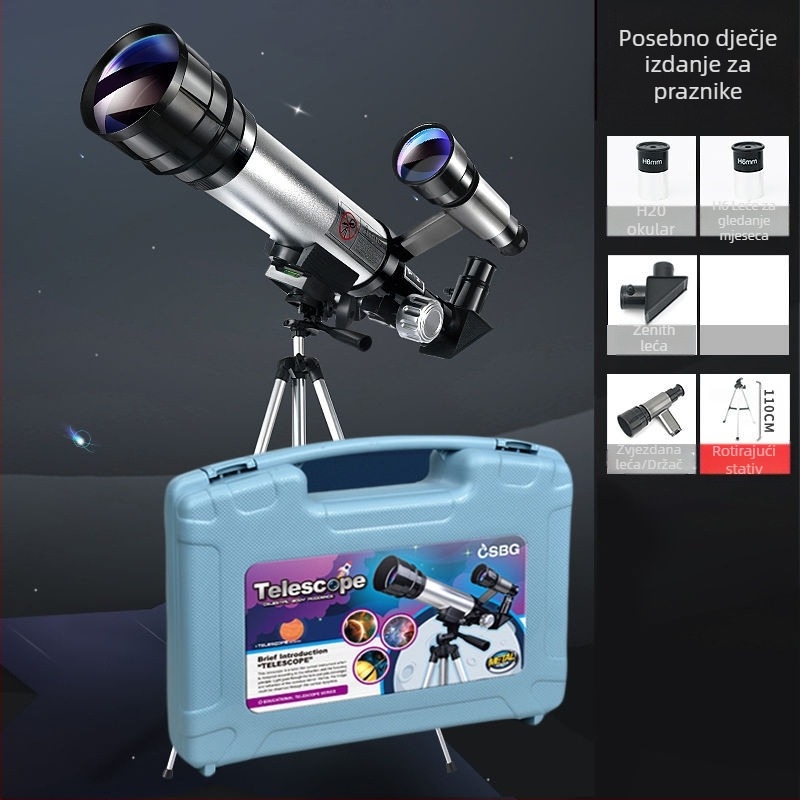 Dječji početnički astronomijski teleskop visoke jasnosti s edukativnim kompletom za promatranje zvijezda, za uzrast 7–14 godina, višefunkcionalan, bez napajanja