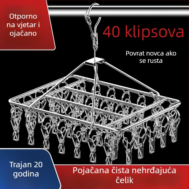 Nehrđajući čelični stojeći hangar za rublje s 3 klipse, višestruki redovi kuka, moderan minimalistički dizajn, nosivost 5 kg