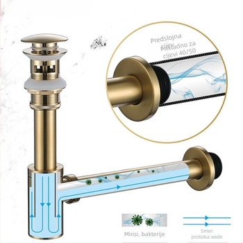 Zidni bakreni odvod za umivaonik s protivmirisnim sustavom (Model: Water drain; Značka: Goldsmiths; Materijal: Bakar; Stil: Light Luxury)