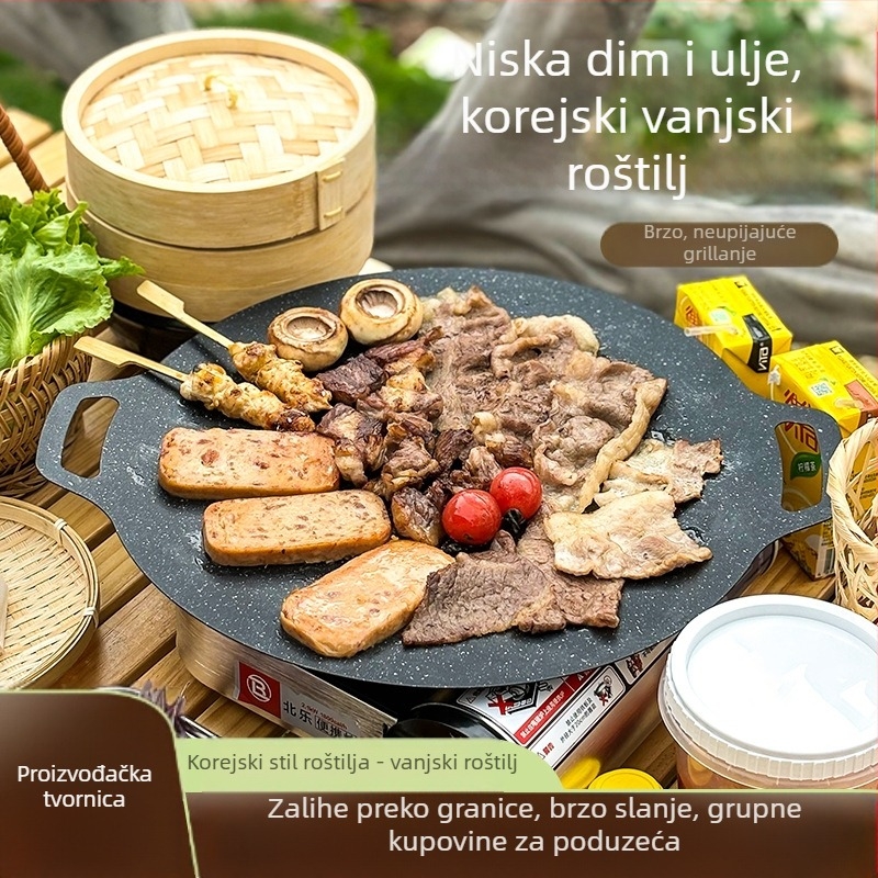 Prijenosna vanjska neprevučena tava za korejski BBQ, okrugla željezna teppanyaki tava za kampiranje, pečatirana, višefunkcionalna, bez dima