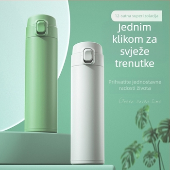 Termos šalica s poklopcem koji se odskakuje; unutarnji dio od 304 nehrđajućeg čelika; vanjski dio od 201 nehrđajućeg čelika; izolacija 6–12 sati; prilagodljivo graviranje laserom ili sitotiskom